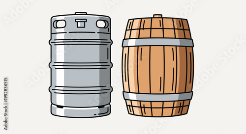 Comparison illustration of a modern silver metal beer keg and a traditional wooden barrel with silver metal rings.