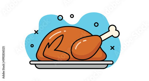 Appetizing roasted turkey on a silver platter with a bright blue background and decorative graphical elements.