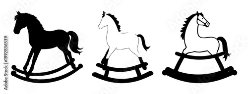 Rocking horse set with black silhouette on white background featuring horse, playground, equestrian with silhouette and background