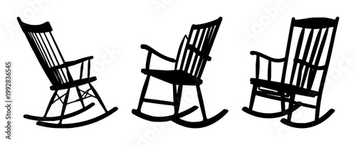 Rocking chair set with black silhouette against white background featuring rocking chair, furniture, home decor with silhouette and negative space