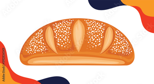 Fresh golden brown loaf of bread illustration with decorative flour dusting and abstract colorful background elements.