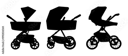 Baby stroller set with black silhouette on stark white background featuring infant, parent, and baby care gear with baby products and child safety