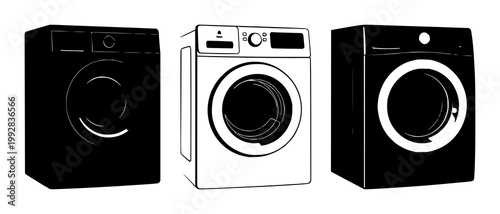 Washing machine set with black silhouette against white background featuring appliance, laundry, domestic with modern and industrial