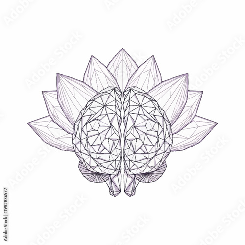 Geometric Brain Lotus Flower Symbolizing Mindfulness and Intelligence.