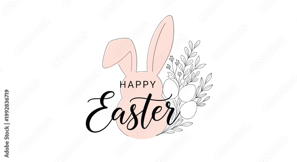 Obraz premium Stylized pink bunny ears silhouette decorated with black and white floral sketches for a happy easter message.