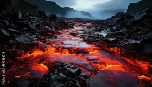 Fiery River of Lava Flowing Through a Volcanic Landscape.