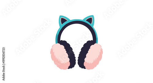 Pair of fluffy pink and dark blue earmuffs with cute cat ears on the headband for winter fashion accessories.