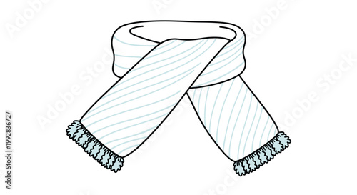 Warm light blue winter scarf with a diagonal striped pattern and fuzzy fringes on both ends for cold weather.