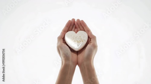 白いハイキー背景で日本人の両手が輝くハートを丁寧に掲げる