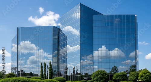 Modern blue glass office building exterior reflecting the sky and clouds on a clear day