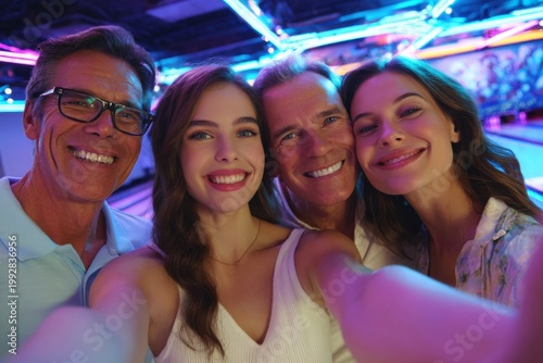 Happy Family Takes a Neon Lit Selfie at Bowling Alley