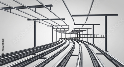 Abstract illustration of railway tracks and overhead lines.