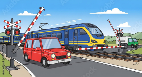 Train crossing a railway track with cars and barriers.