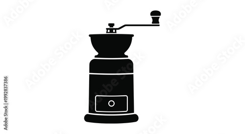 A simple black silhouette of a vintage coffee grinder clearly defined silhouette