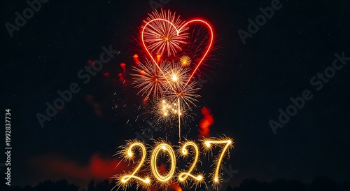 Bright fireworks forming heart shape with glowing new year celebration numbers