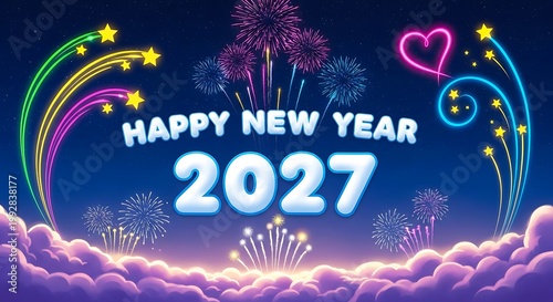 Happy New Year celebration with fireworks and colorful glowing text on night sky background