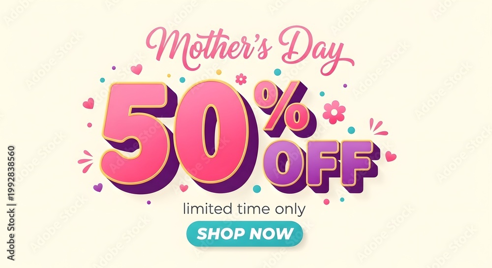 Fototapeta premium Mothers day 50 percent off sale banner with colorful hearts and flowers