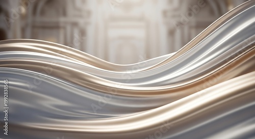 Elegant flowing waves of luxurious golden and silver satin fabric create a sophisticated texture with smooth curves and shimmering highlights