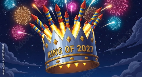 Golden crown with fireworks celebrating victory and success in night sky