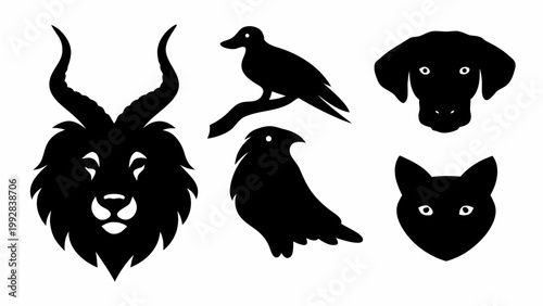 Diverse collection of black silhouette animal icons featuring a majestic lion's head a playful dog a curious cat and two birds in various poses on a clean white background vector