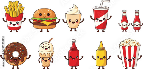 Cute Fast Food Cartoon Character Set with Fries, Burger, Soda, Ice Cream, Donut, Ketchup, Mustard, and Popcorn for Fun Kids Design Projects