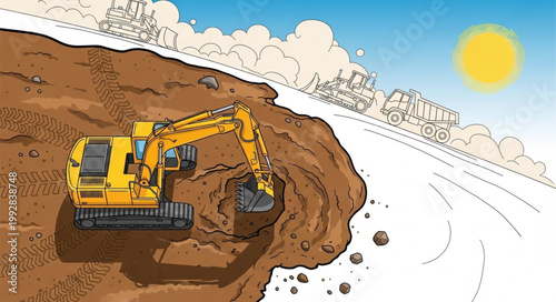Yellow excavator digging into a dirt mound on a sunny day.