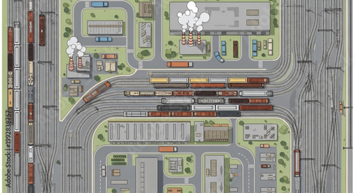 Aerial view of a large industrial train yard with many tracks and freight cars.