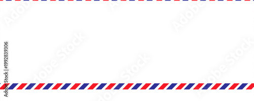 Vintage airmail postcard back template with diagonal blue and red stripe. Travel post card blank backside. Air mail envelope frame with postage place. Vector illustration isolated on white