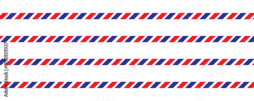 Vintage airmail postcard back template with diagonal blue and red stripe. Travel post card blank backside. Air mail envelope frame with postage place. Vector illustration isolated on white