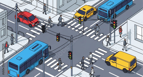 Busy City Intersection with Cars Buses and Pedestrians Crossing.