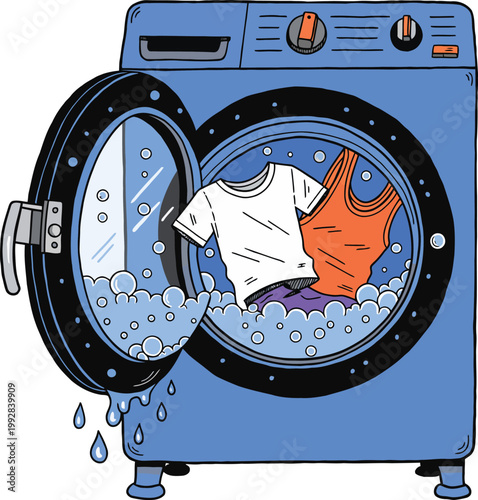 An open blue washing machine is washing white and orange shirts with lots of soapy bubbles and water leaking on the floor.