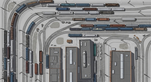 Aerial view of a busy train yard with many tracks and cars.