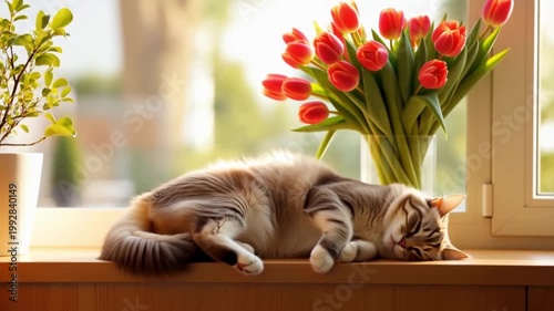 Fluffy cat sleeping next to tulips on a sunny windowsill, peaceful and cozy atmosphere for pet brands and comfort content