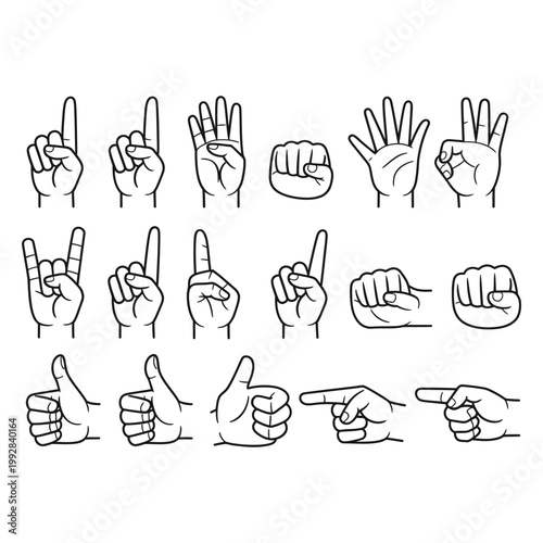 Collection of hand gestures in outline, including numbers, thumbs up, and pointing.