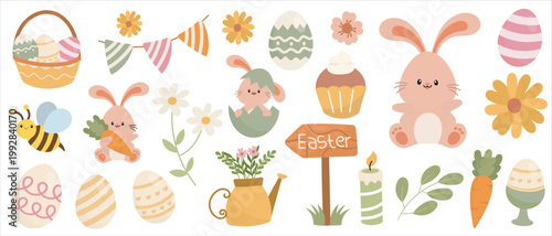 Cute Easter and Spring Elements Collection Bunny Eggs Flowers with Pastel Colours