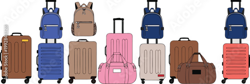 Travel luggage set with colorful suitcases backpacks and duffel bags on transparent background art.