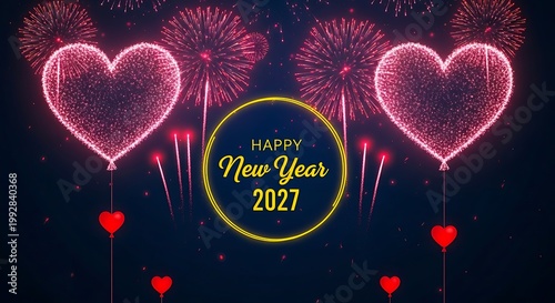 Glowing heart shaped fireworks display for New Year celebration with festive message