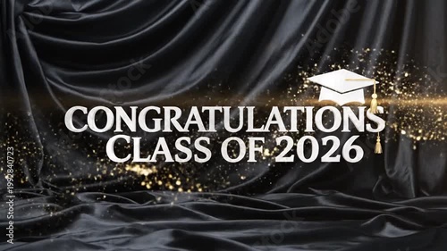 Graduation Ceremony Celebration with Black Draped Background and Sparkling Gold Accents for the Class of 2026