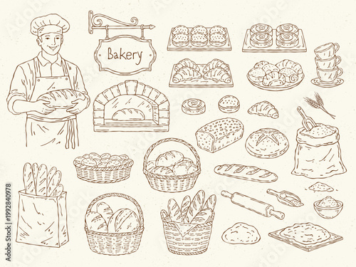 Bakery line art doodle vector set featuring baker, fresh bread, baguettes, croissants, pastries, dough, flour bag, rolling pin, coffee cups and bakery accessories in monochrome outline style