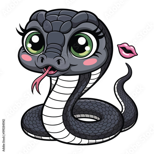 Cute black cobra snake character with big green eyes and pink lips mark isolated on white background.