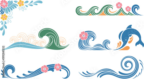 Soft ocean waves and floral swirls create elegant border designs in pastel colors for a calm summer and beach style.
