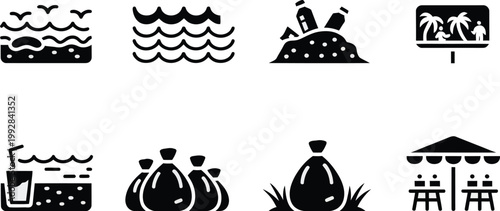 Visual representation of coastal pollution, impact of waste on marine environments through iconic illustrations, vector design for environmental awareness, ocean conservation, sustainability, and ecol