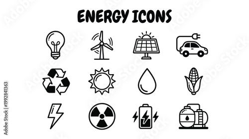Vector graphic illustration of Energy icons set, eco friendly symbols, sustainable power sources, renewable energy Vector
