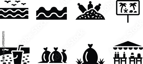 Coastal pollution illustration set, showing impact of waste on marine environments, vector icons for environmental awareness, ocean conservation, sustainability, and ecological design projects.