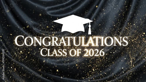 Celebratory graduation announcement with sparkling black and gold backdrop for class of 2026