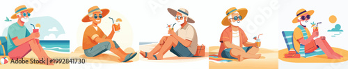 vector of a grandpa relaxing on the beach enjoying the summer side view