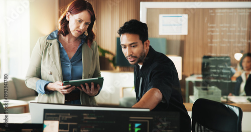 Tablet, programmer and computer with business people in office for web developer, research or feedback. Code review, software engineer and database with employees in tech startup for it collaboration