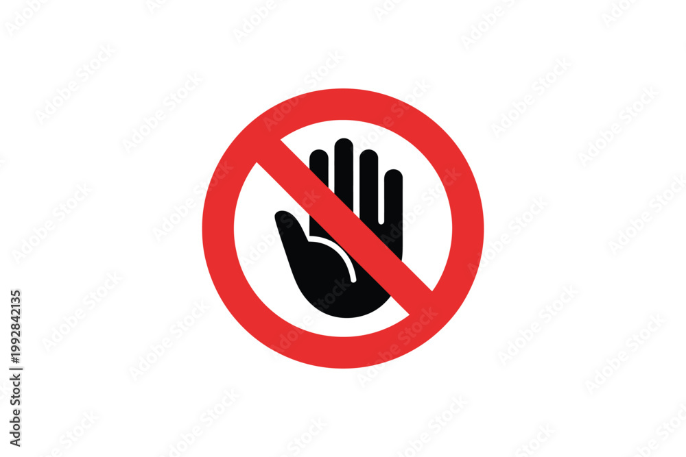 Fototapeta premium Prohibition sign with black human palm hand gesture isolated on transparent background representing stop warning and restricted area.
