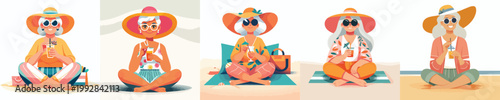 vector of a grandma relaxing on the beach enjoying the summer