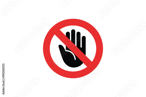 Prohibition sign with black human palm hand gesture isolated on transparent background representing stop warning and restricted area.